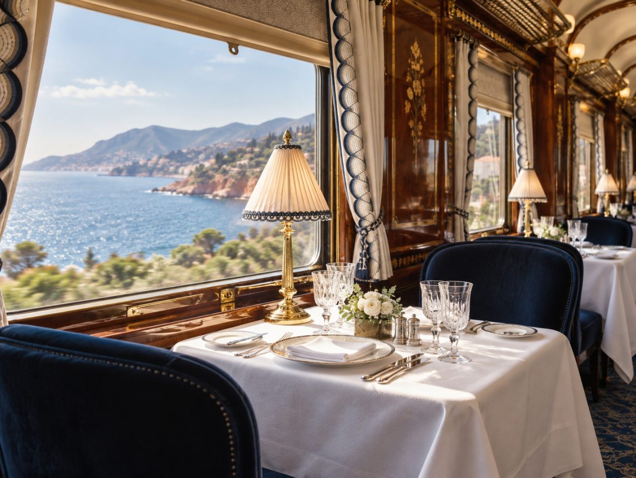 White-linen dining table and blue upholstered chairs inside an Art Deco train carriage overlooking a Mediterranean-style coast.