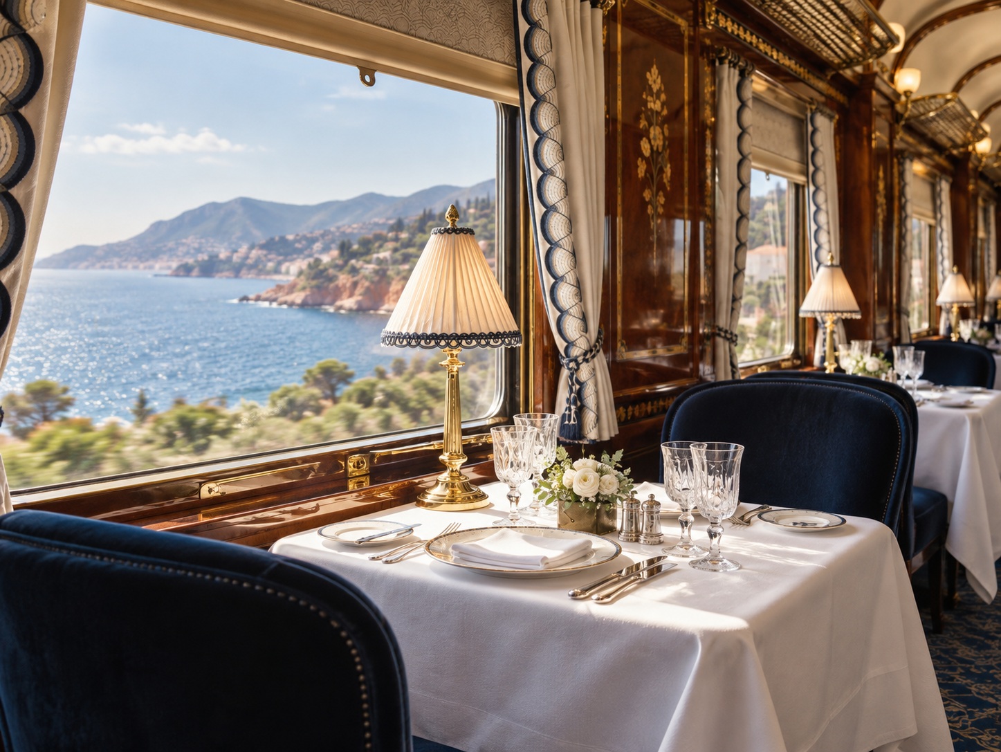 White-linen dining table and blue upholstered chairs inside an Art Deco train carriage overlooking a Mediterranean-style coast.