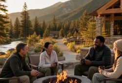 Small group of travelers resting together at a wellness retreat