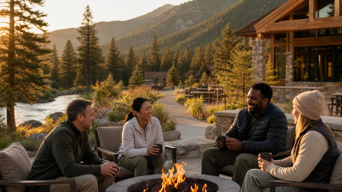 Small group of travelers resting together at a wellness retreat