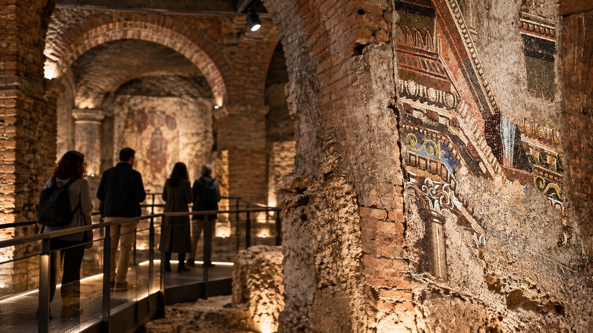 Visitors walk through a vaulted ancient Roman brick interior beside an exposed wall mosaic.